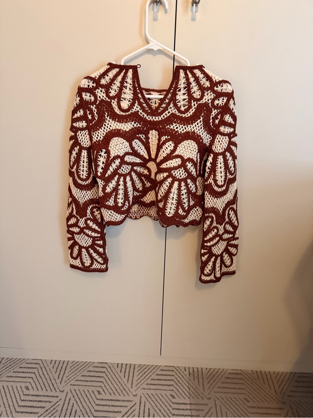 Sezane Rust and Cream Crochet Floral Crewneck Sweater